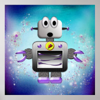 Cute Retro Robot Purple & Blue Poster