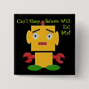 Cute Retro Robot - Yellow - Cant Sleep 15 Cm Square Badge