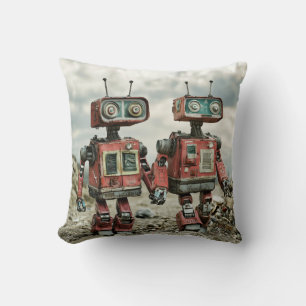 Cute Retro Robots In Love Holding Hands Cushion
