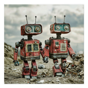 Cute Retro Robots In Love Holding Hands Poster