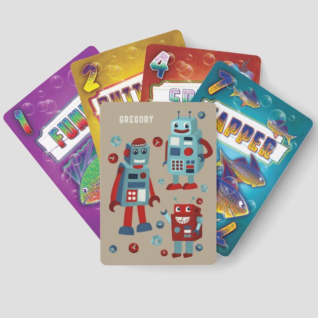 Cute Retro Robots Personalised Playing Cards (Back)
