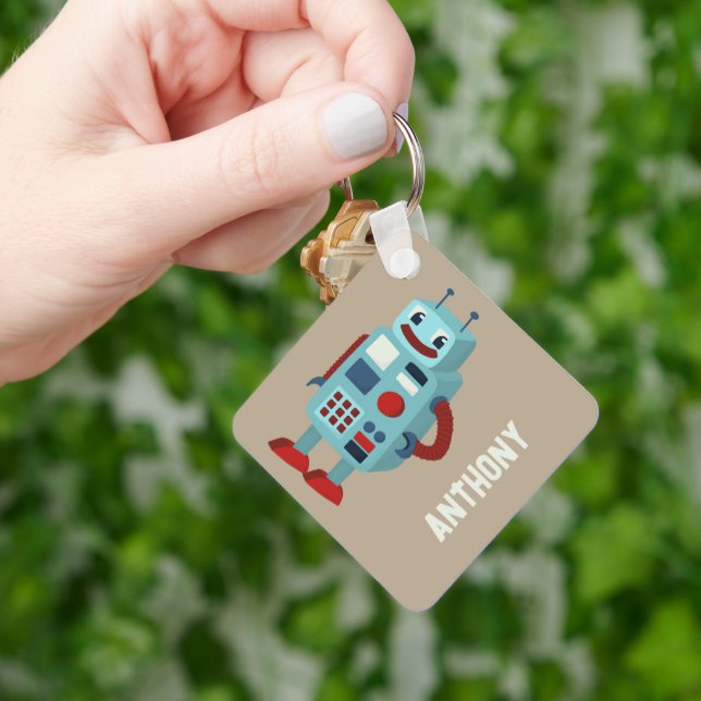 Cute Retro Robots Personalised Sci-Fi Key Ring (Hand)