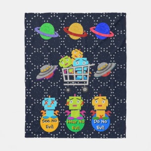 Cute Retro Robots, Planets, Flying Saucers Fleece Blanket