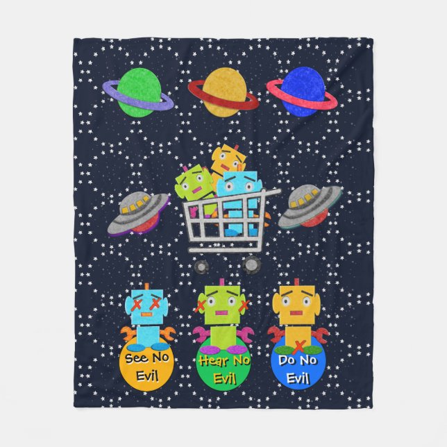 Cute Retro Robots, Planets, Flying Saucers Fleece Blanket (Front)