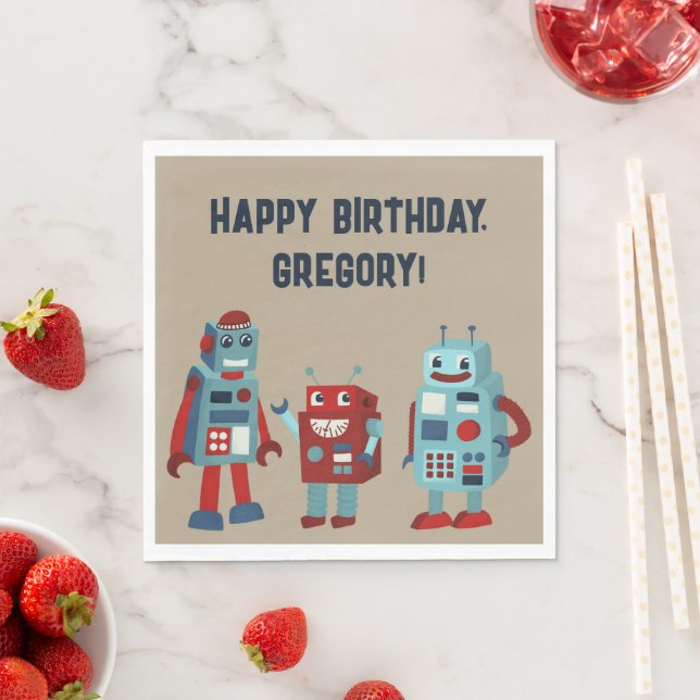 Cute Retro Robots Sci-Fi Boys Birthday Napkin (Insitu)