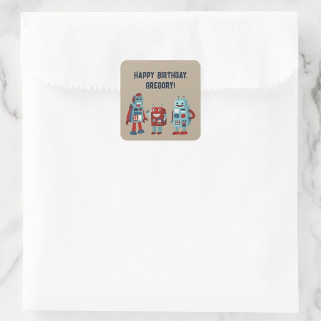 Cute Retro Robots Sci-Fi Boys Birthday Square Sticker (Bag)