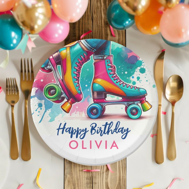 Cute Retro Roller Skate Birthday Paper Plate (Colorful birthday plate with roller skate design amidst party decor.)