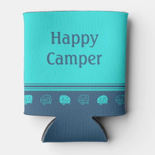 Cute Retro RV Trailers Happy Campers Blue and Teal Can Cooler
