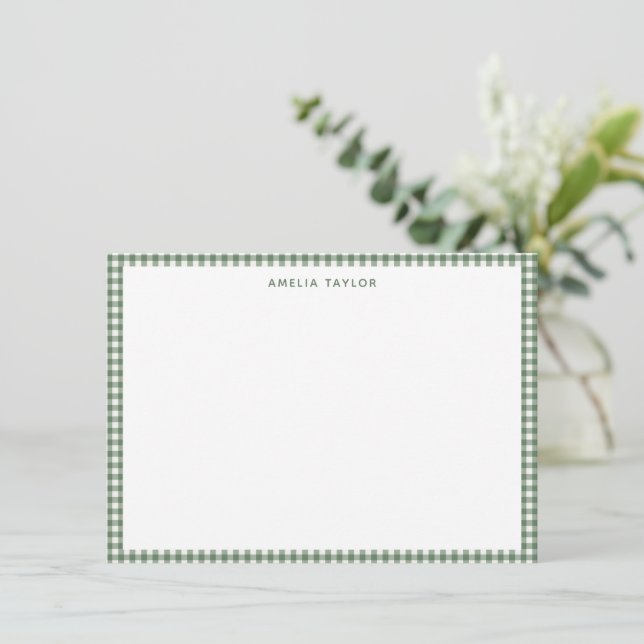 Cute Retro Sage Green Gingham Plaid Personalized Card (Standing Front)