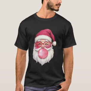 Cute Retro Santa Blowing Bubble Gum Pink Christmas T-Shirt