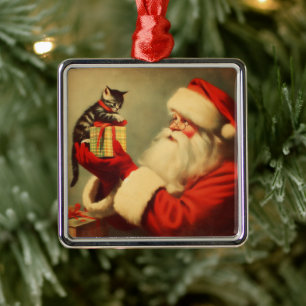 Cute Retro Santa with Kitten Illustration Metal Ornament