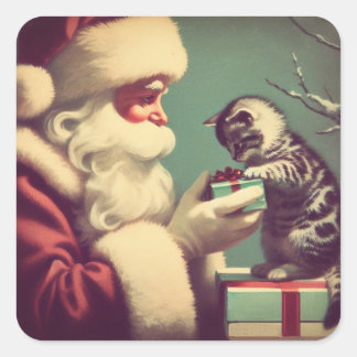 Cute Retro Santa with Kitten Illustration Square Sticker