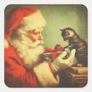 Cute Retro Santa with Kitten Illustration  Square Sticker