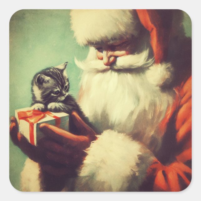 Cute Retro Santa with Kitten Illustration Square Sticker (Front)