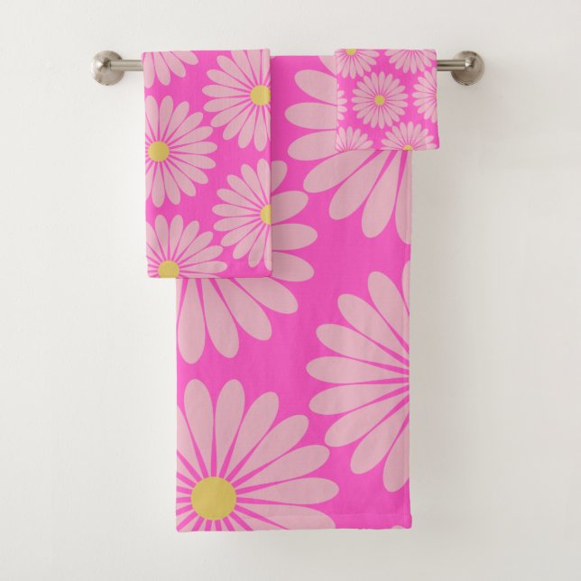 Cute Retro Scandinavian Flower Pattern in Pink  Bath Towel Set (Insitu)