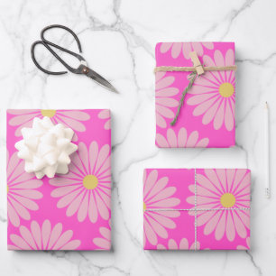 Cute Retro Scandinavian Flower Pattern in Pink Wrapping Paper Sheet