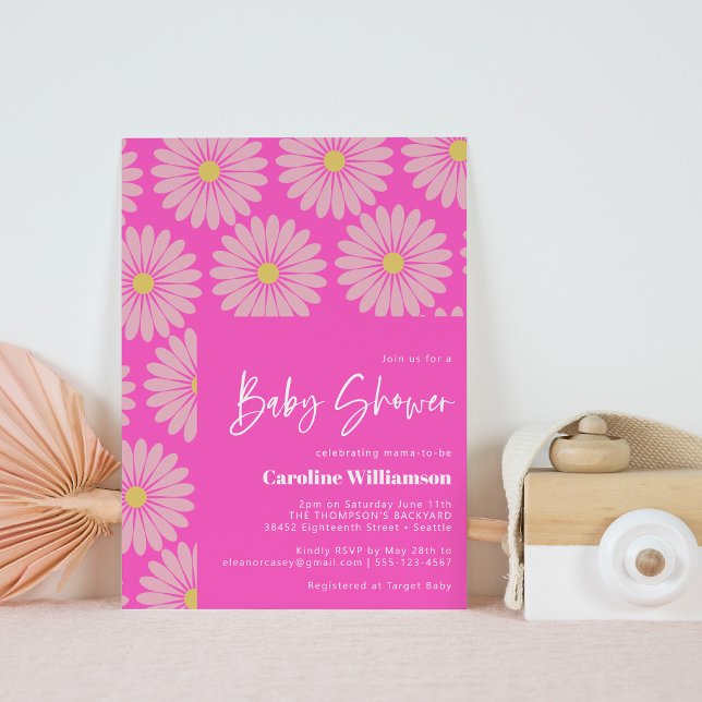 Cute Retro Scandinavian Flower Pink Baby Shower Invitation (Creator Uploaded)