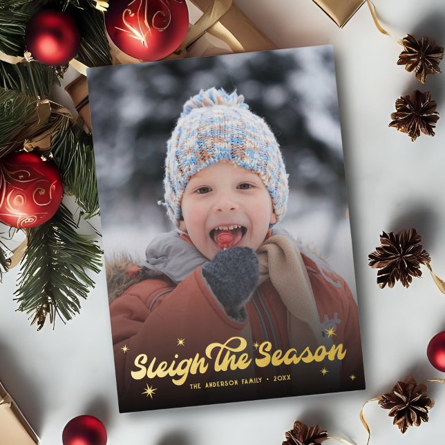 Cute Retro Sleigh The Season Photo Christmas Snow  Foil Holiday Card (Creator Uploaded)