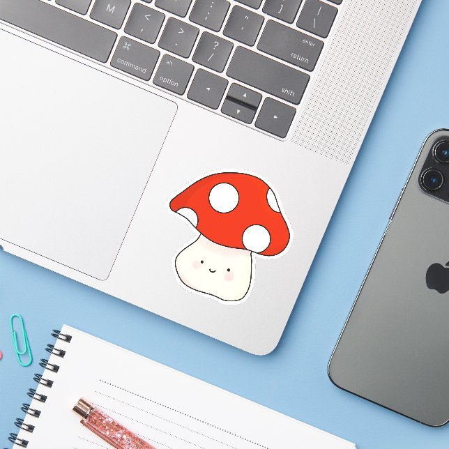 Cute retro smiling face red spotted mushroom (Laptop w/ iPhone)