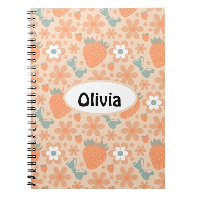 Cute Retro Strawberries and Flowers Notebook (Front)