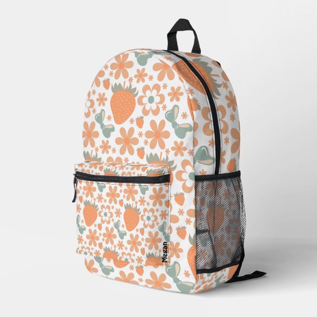 Cute Retro Strawberries and Flowers Printed Backpack (Back Corner Right)