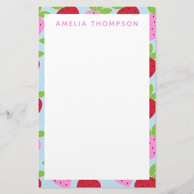 Cute Retro Strawberry Fruit Pattern Personalised Stationery (Front)