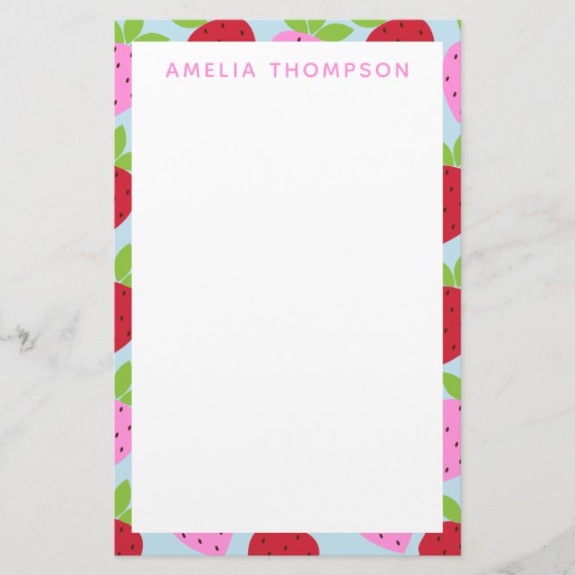 Cute Retro Strawberry Fruit Pattern Personalised Stationery (Front)
