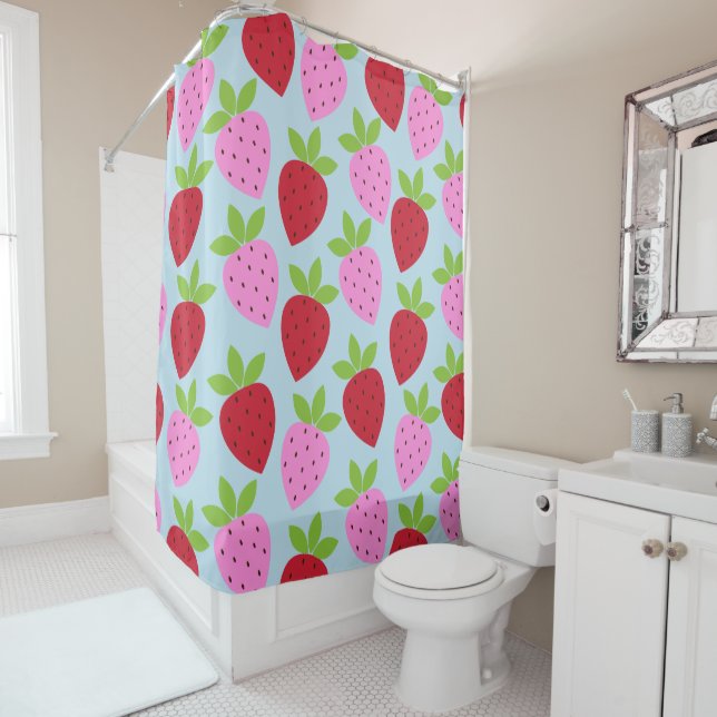 Cute Retro Strawberry Fruit Pattern Pink Red Blue Shower Curtain (In Situ)