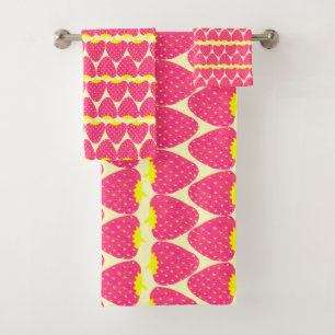 Cute Retro Strawberry Pattern in Bright Pink Bath Towel Set