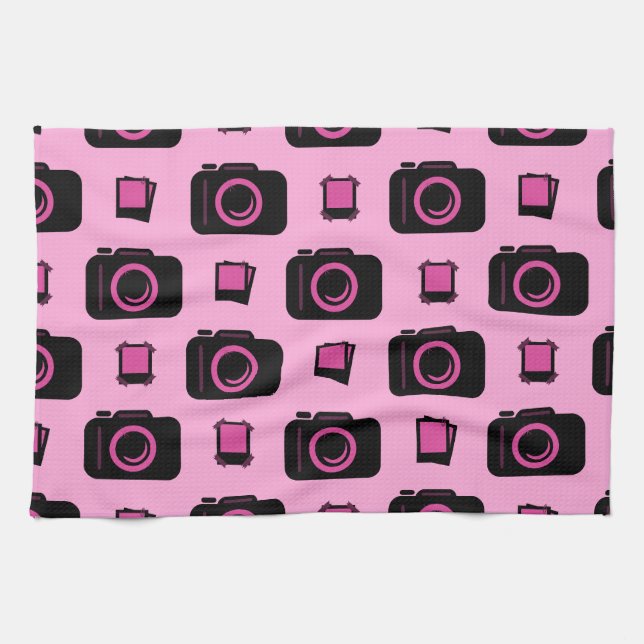 Cute Retro Style Pink Black Camera Pattern Tea Towel (Horizontal)