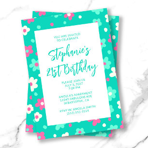 Cute Retro Teal Floral Bold 21st Birthday Invitation