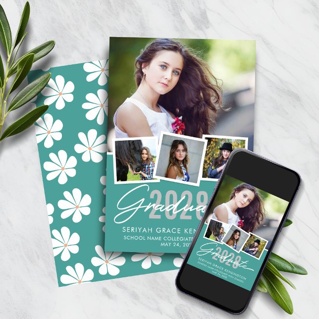 Cute Retro Teal Floral Graduation Photo Collage  Announcement (Cute Retro Teal Daisy Floral Graduation Photo Collage Announcement)