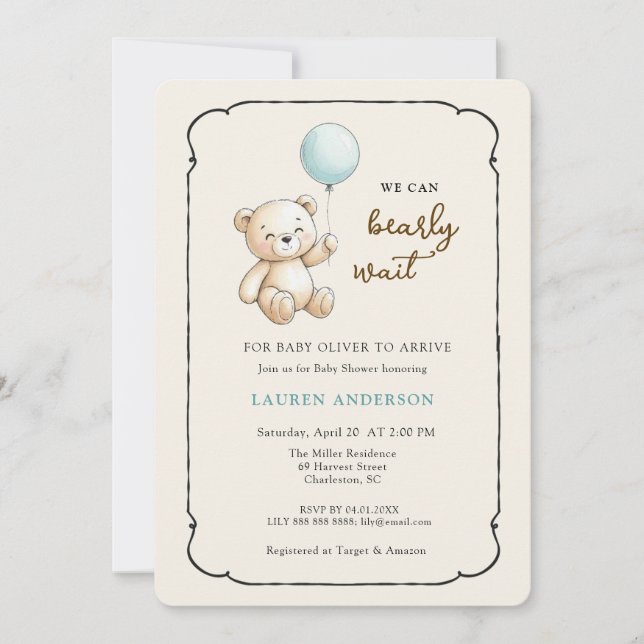 Cute Retro Teddy Bear, Boy Baby shower Invitation (Front)