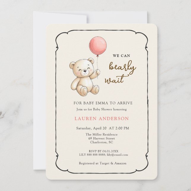 Cute Retro Teddy Bear, Girl Baby shower Invitation (Front)
