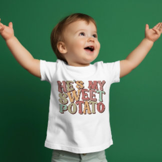 Cute Retro Thanksgiving "He Is My Sweet Potato" Baby T-Shirt