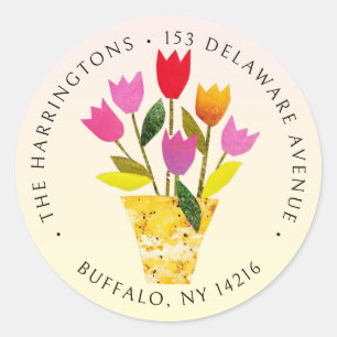 Cute Retro Tulips Hand-Illustrated Return Address Classic Round Sticker