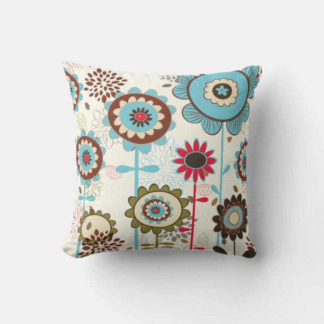 Cute retro turquoise blue floral pattern custom cushion (Front)