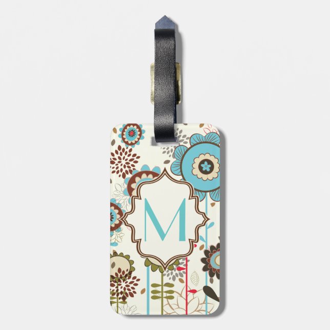 Cute retro turquoise blue floral pattern monogram luggage tag (Back Vertical)