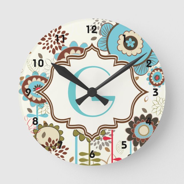 Cute retro turquoise blue floral pattern monogram round clock (Front)