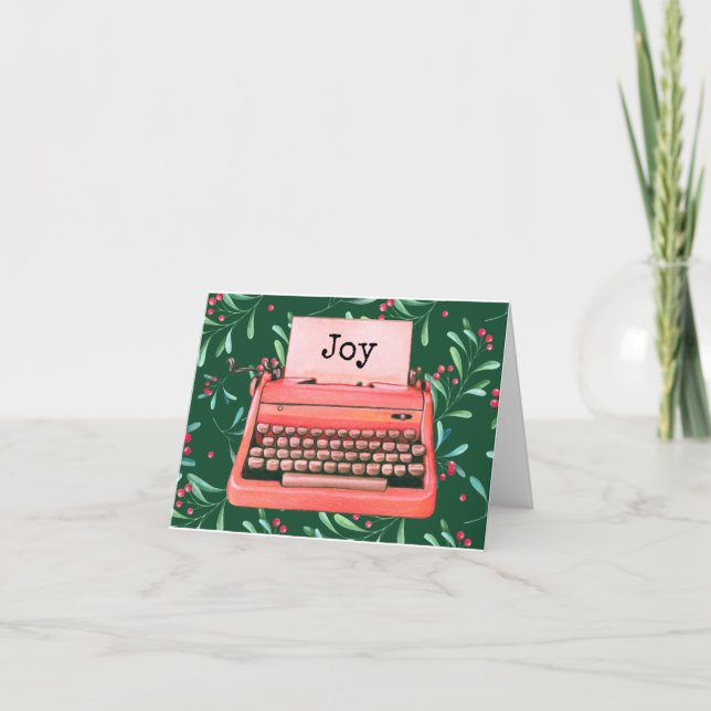 Cute Retro Typewriter Personalised Holly Christmas Note Card (Front)