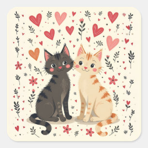 Cute Retro Valentine Cats Square Sticker