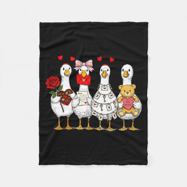 Cute Retro Valentine Silly Gooses Duck Love Couple Fleece Blanket (Front)