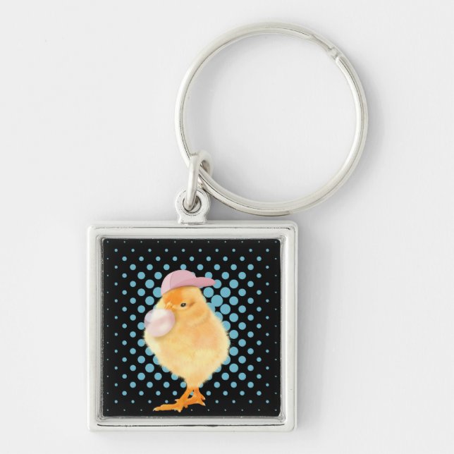 Cute Retro Vibes Chick Blowing Bubblegum Black Key Ring (Front)
