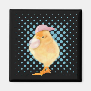 Cute Retro Vibes Chick Blowing Bubblegum Black Magnet