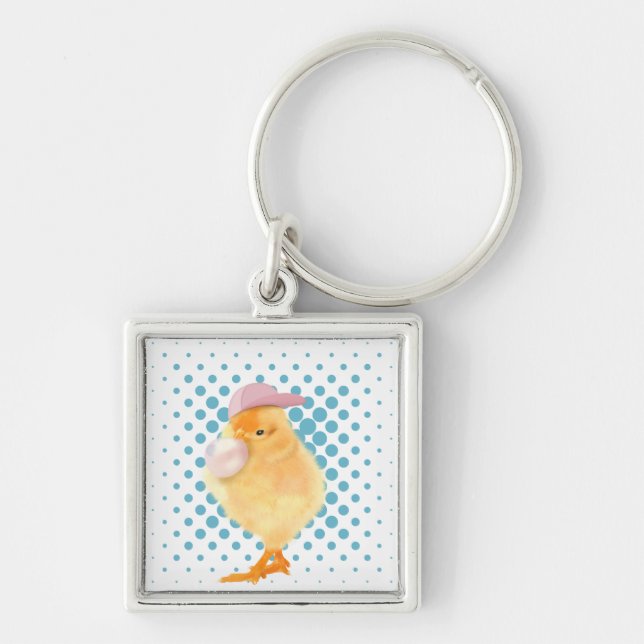 Cute Retro Vibes Chick Blowing Bubblegum White Key Ring (Front)