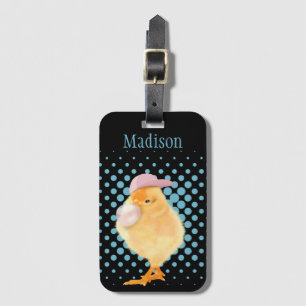 Cute Retro Vibes Chick Blowing Pink Bubblegum Luggage Tag