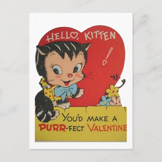 Cute retro vintage Cat Valentine Holiday Postcard (Front)