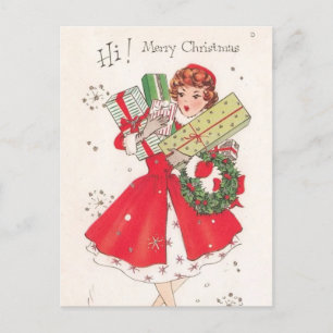 Cute retro vintage Christmas Holiday shopping lady Postcard