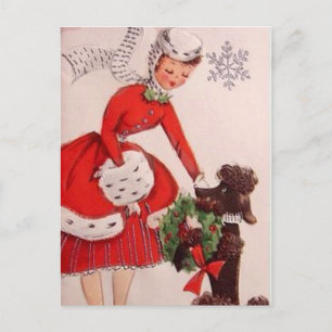 Cute retro vintage Christmas lady dog Holiday Postcard
