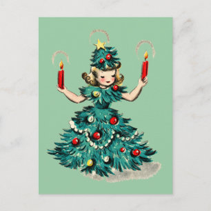 Cute Retro Vintage Christmas Tree Girl  Holiday Postcard